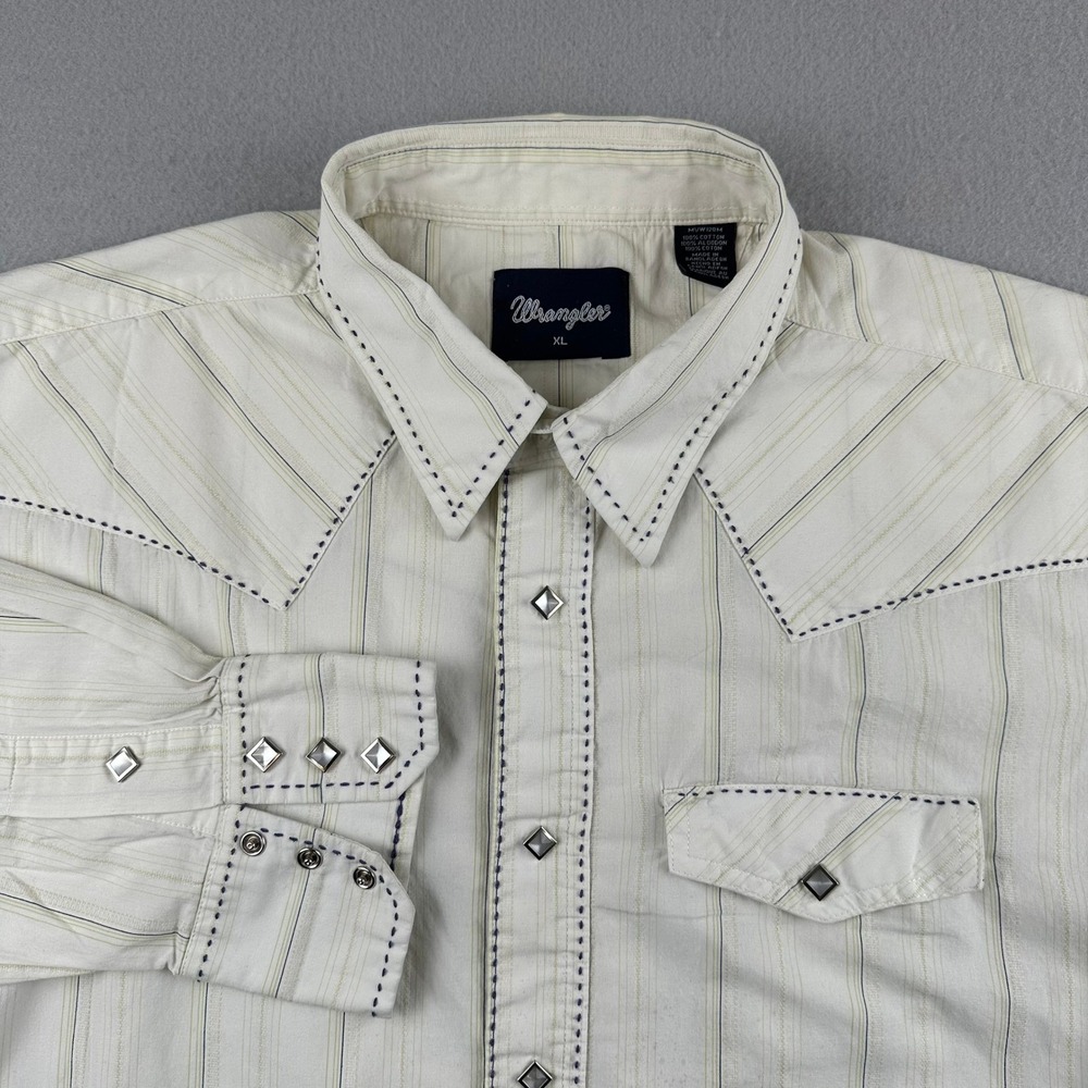 Wrangler Western Shirt Mens XL Cream Striped Diamond Pearl Snap Whipstitch